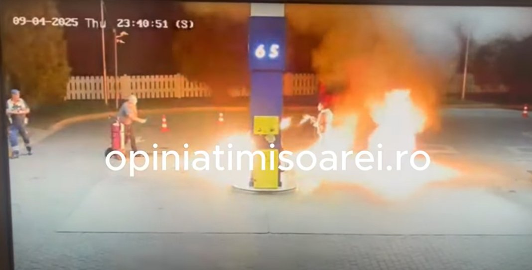 VIDEO: Un individ a cauzat dezordine în Timiș: a dat foc unei pompe de carburant, a vătămat un salariat și a amenințat că se va arunca de la balcon.