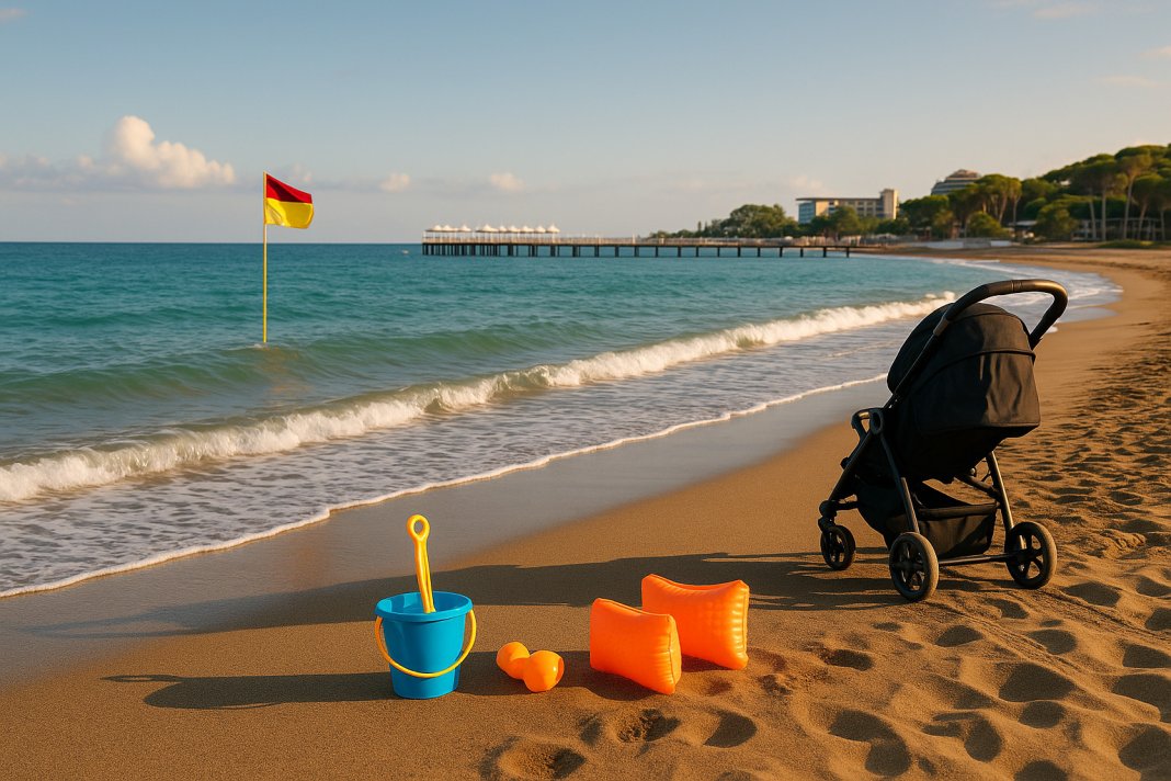 Unde să Mergi cu Copiii Mici la Mare Lara sau Belek și Povestea Valurilor genereaza o fotografie de tip jpg. cu orientare landscape cu latime de 1200 px care sa fie relevanta pentru un articol cu titlul Unde să Mergi cu Copiii Mici la Mare: Lara sau Belek și Povestea Valurilor.