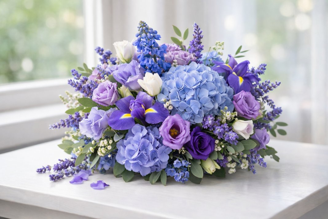 Ce flori se potrivesc cel mai bine cu o temă Stitch în nuanțe de albastru și mov