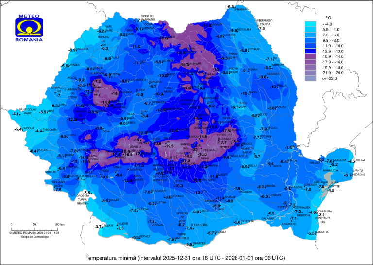 HARTĂ: Condițiile meteo în începutul anului 2026. Discrepanța notabilă între cele mai scăzute și cele mai ridicate temperaturi de 1 ianuarie în România