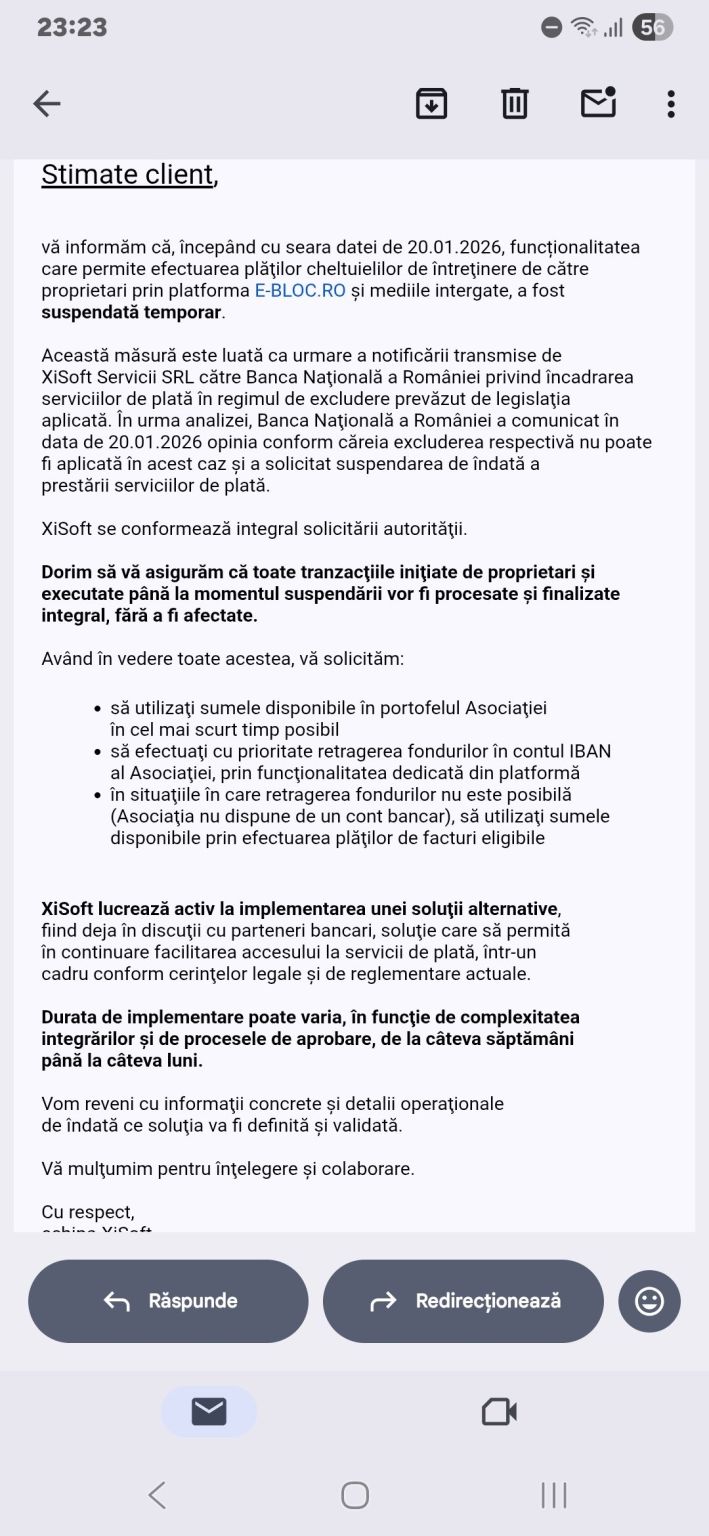 Platforma e-bloc.ro, folosită de mii de asociații de proprietari pentru achitarea întreținerii, a fost suspendată temporar de BNR; utilizatorii nu au capacitatea de a efectua plăți. „Este necesar să se alinieze legii”