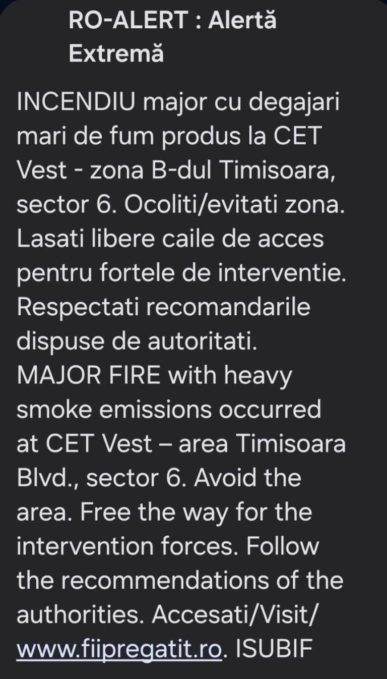 Incendiu la CET Vest București: Fumul observabil de la zeci de kilometri / Alertă RO-Alert transmisă