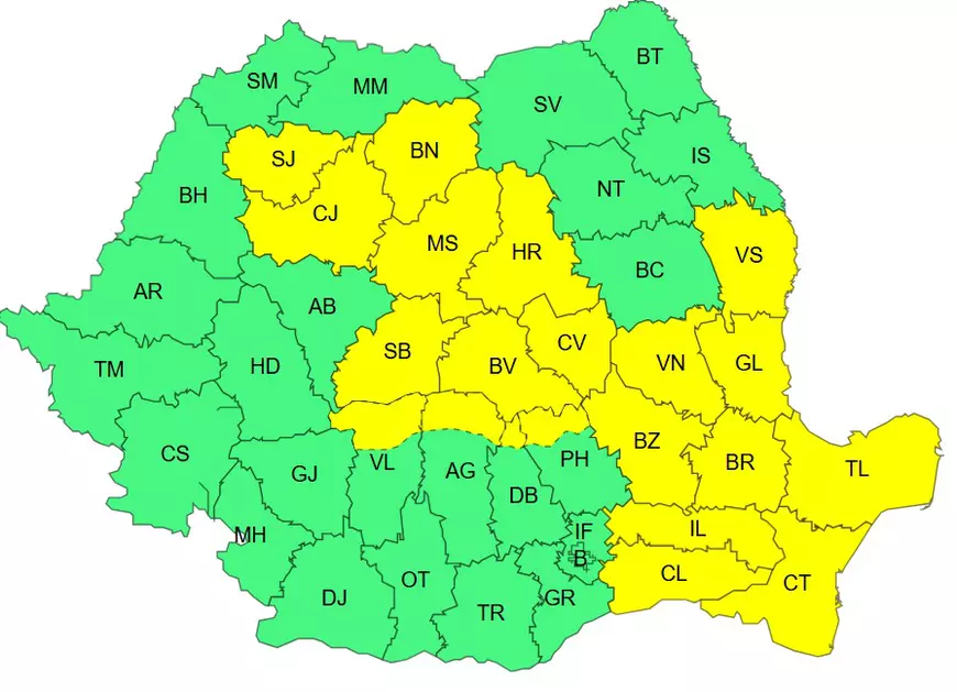 ANM a prelungit alerta meteorologică pentru ploi abundente, grindină și furtuni. Harta regiunilor afectate de codul galben.